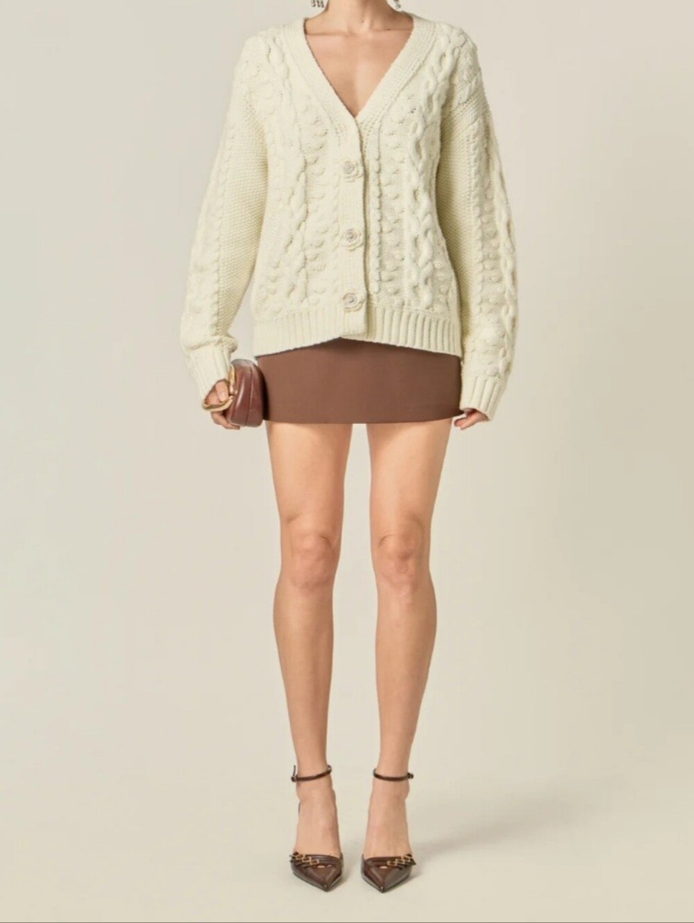 English Factory Cream Cable-Knit V-Neck Button Cardigan With Flower Detail